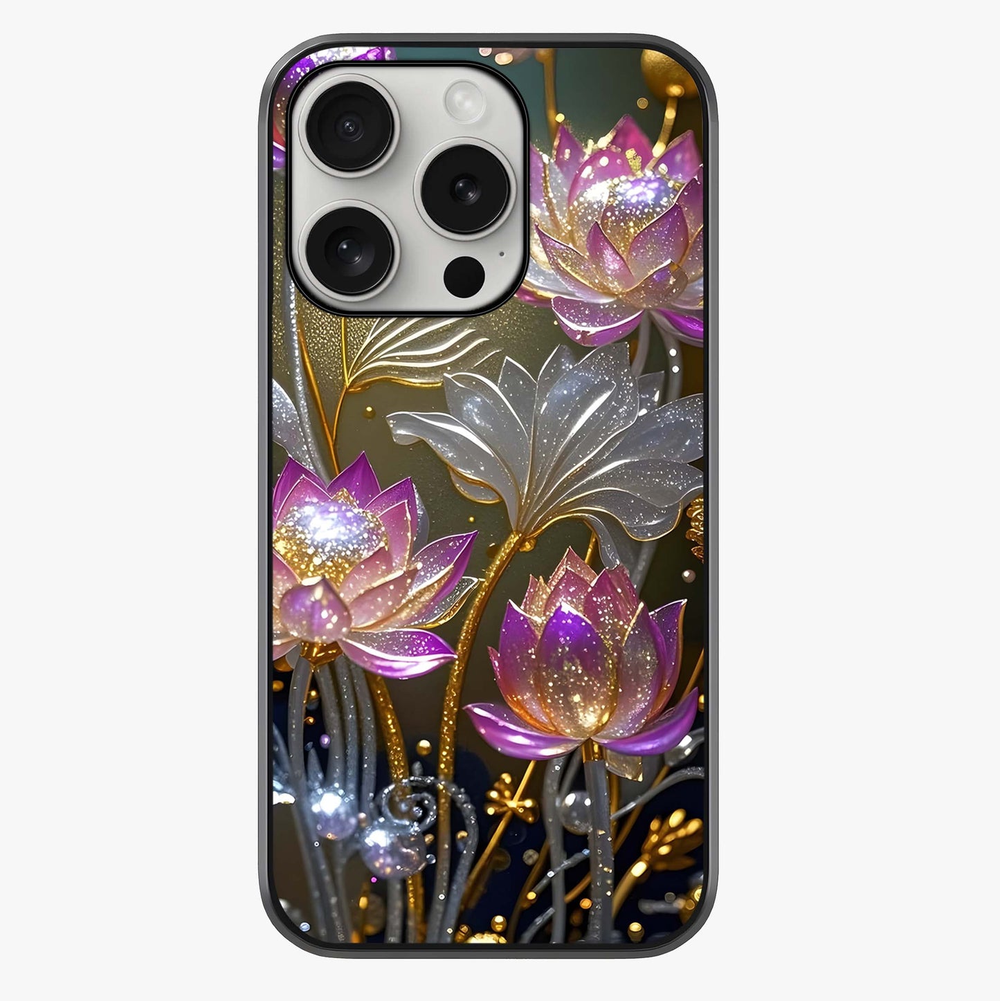 Golden Lotus Glow Glass Case showing full back design in clean flat view with glossy glass finish.