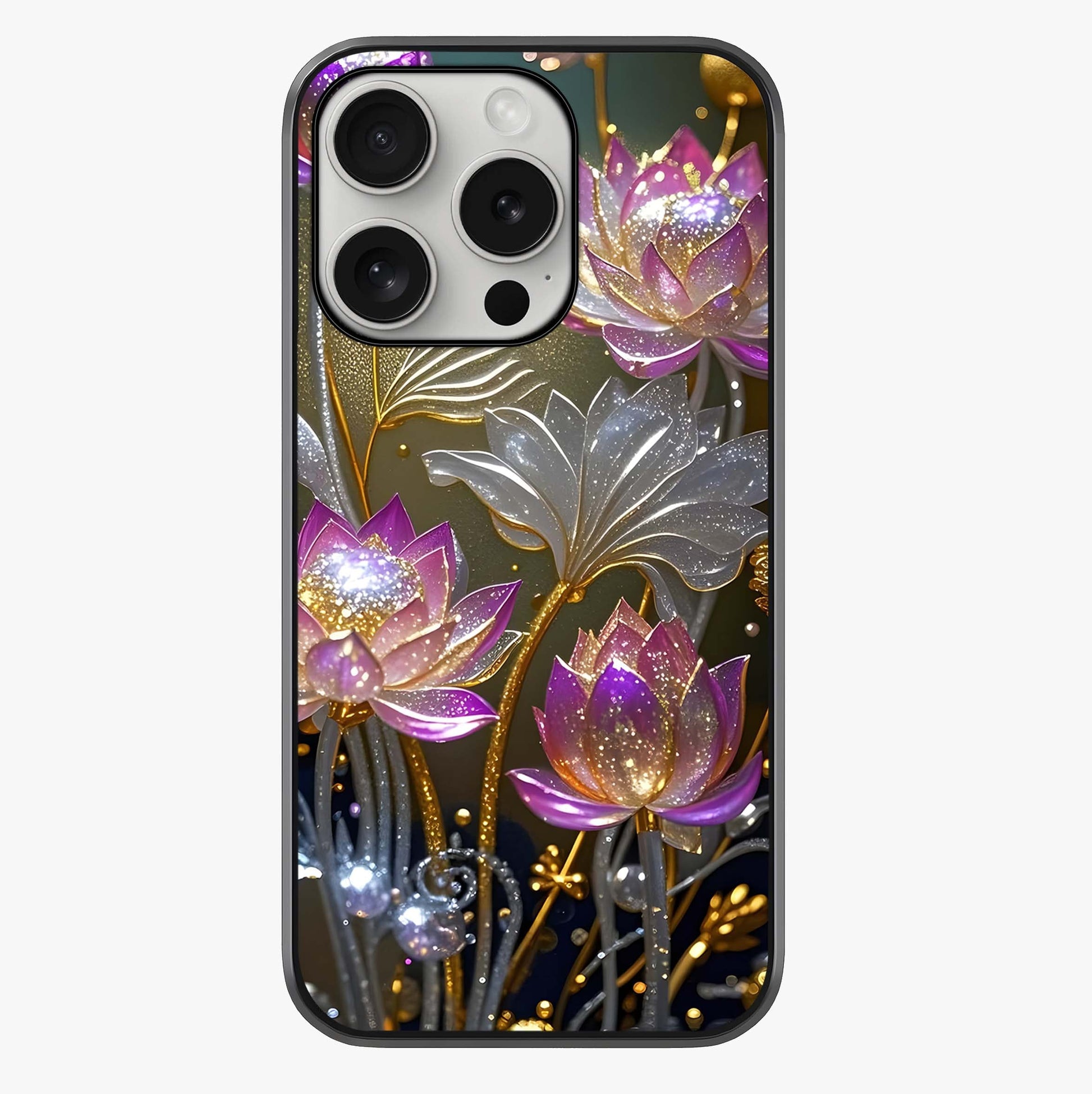 Golden Lotus Glow Glass Case showing full back design in clean flat view with glossy glass finish.
