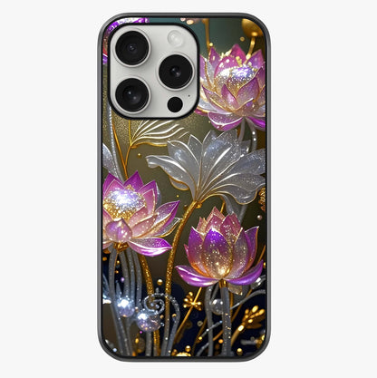 Golden Lotus Glow Glass Case showing full back design in clean flat view with glossy glass finish.