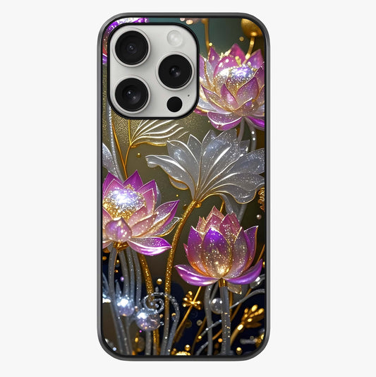 Golden Lotus Glow Glass Case showing full back design in clean flat view with glossy glass finish.