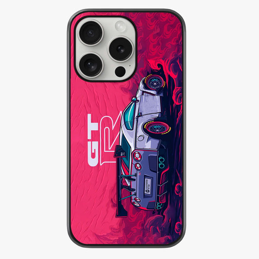 GT R Car Pattern Glass Case showing full back design in clean flat view with glossy glass finish.