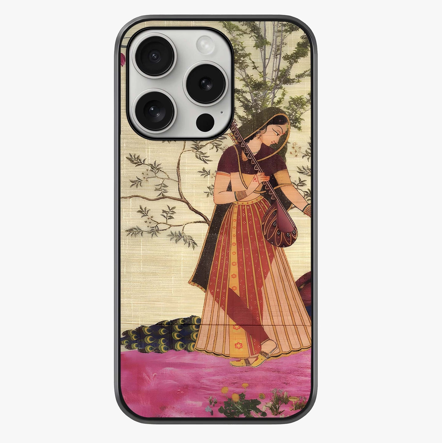 Lady With Veena Art Glass Case showing full back design in clean flat view with glossy glass finish.