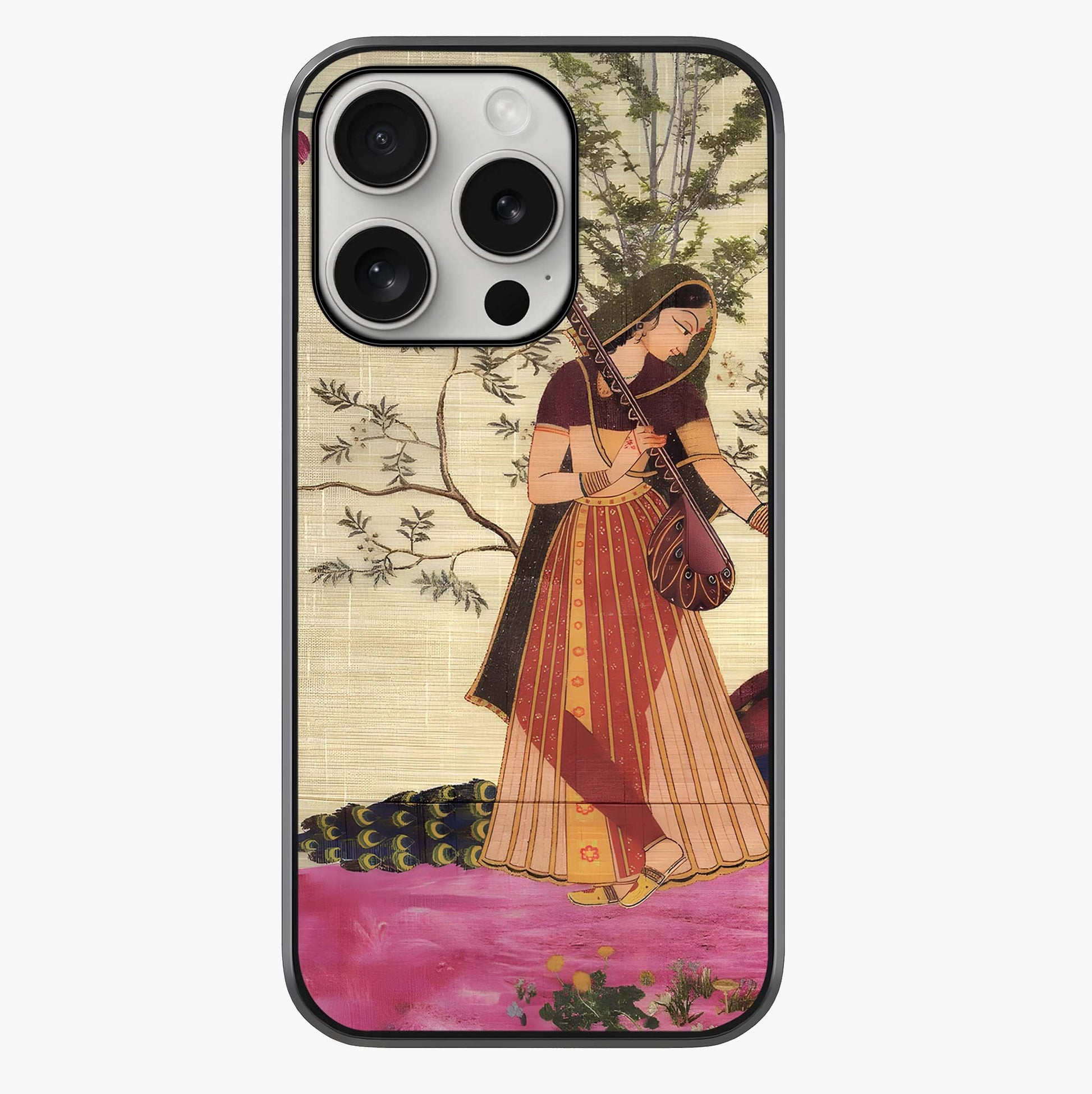 Lady With Veena Art Glass Case showing full back design in clean flat view with glossy glass finish.