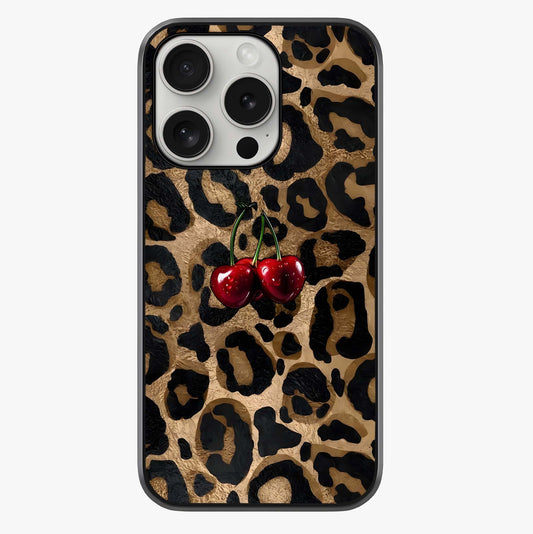 Leopard Wild Cherry Glass Case showing full back design in clean flat view with glossy glass finish.