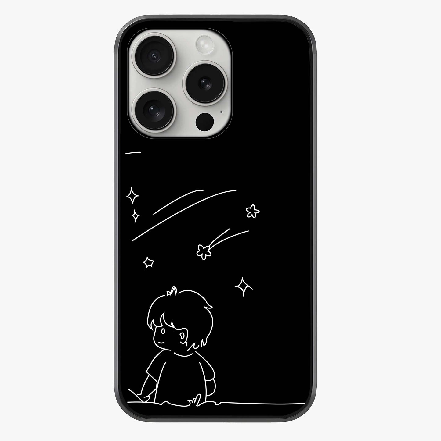 Line Art Boy With Shooting Stars Glass Case showing full back design in clean flat view with glossy glass finish.