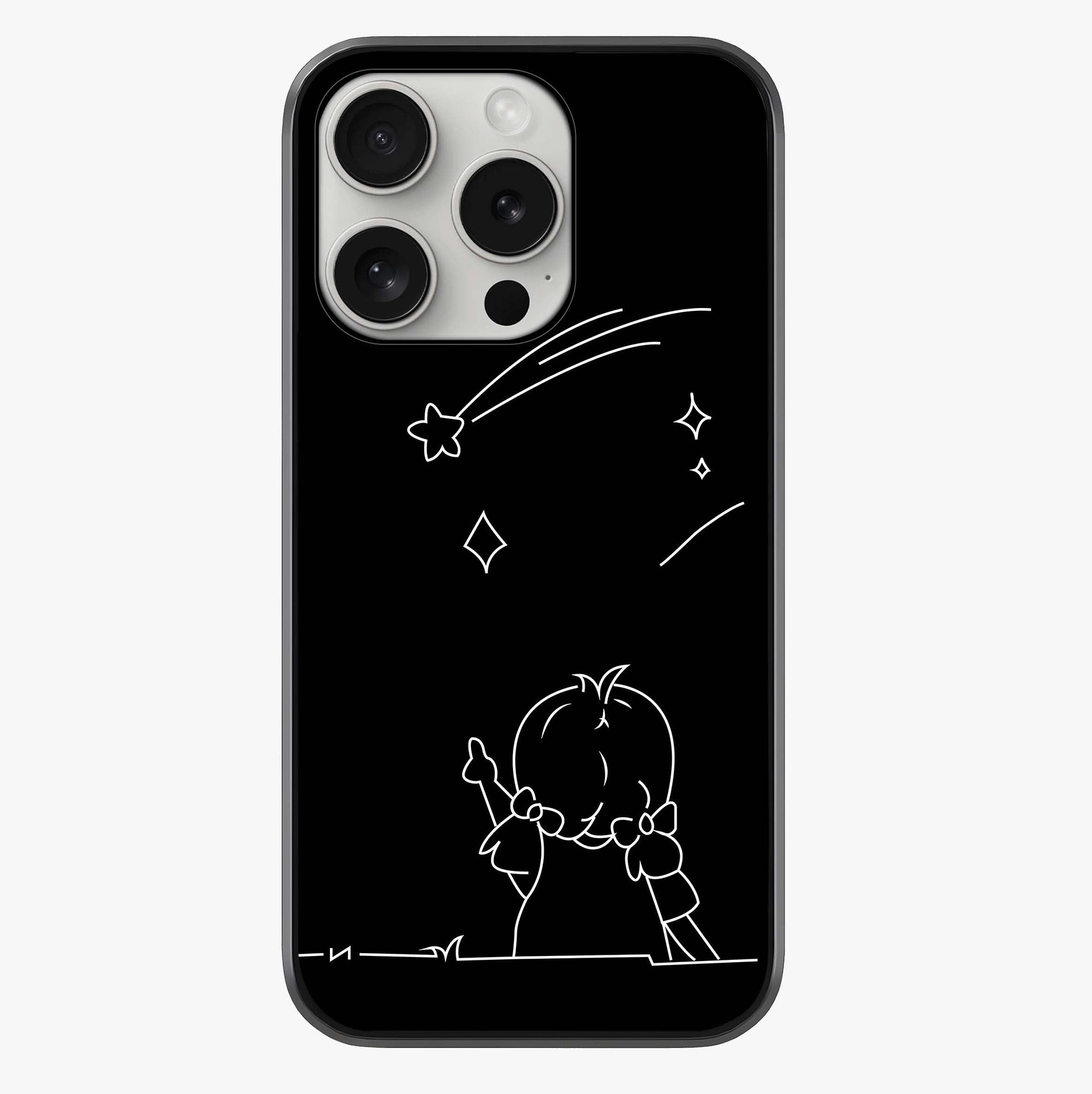 Line Art Girl With Shooting Stars Glass Case showing full back design in clean flat view with glossy glass finish.