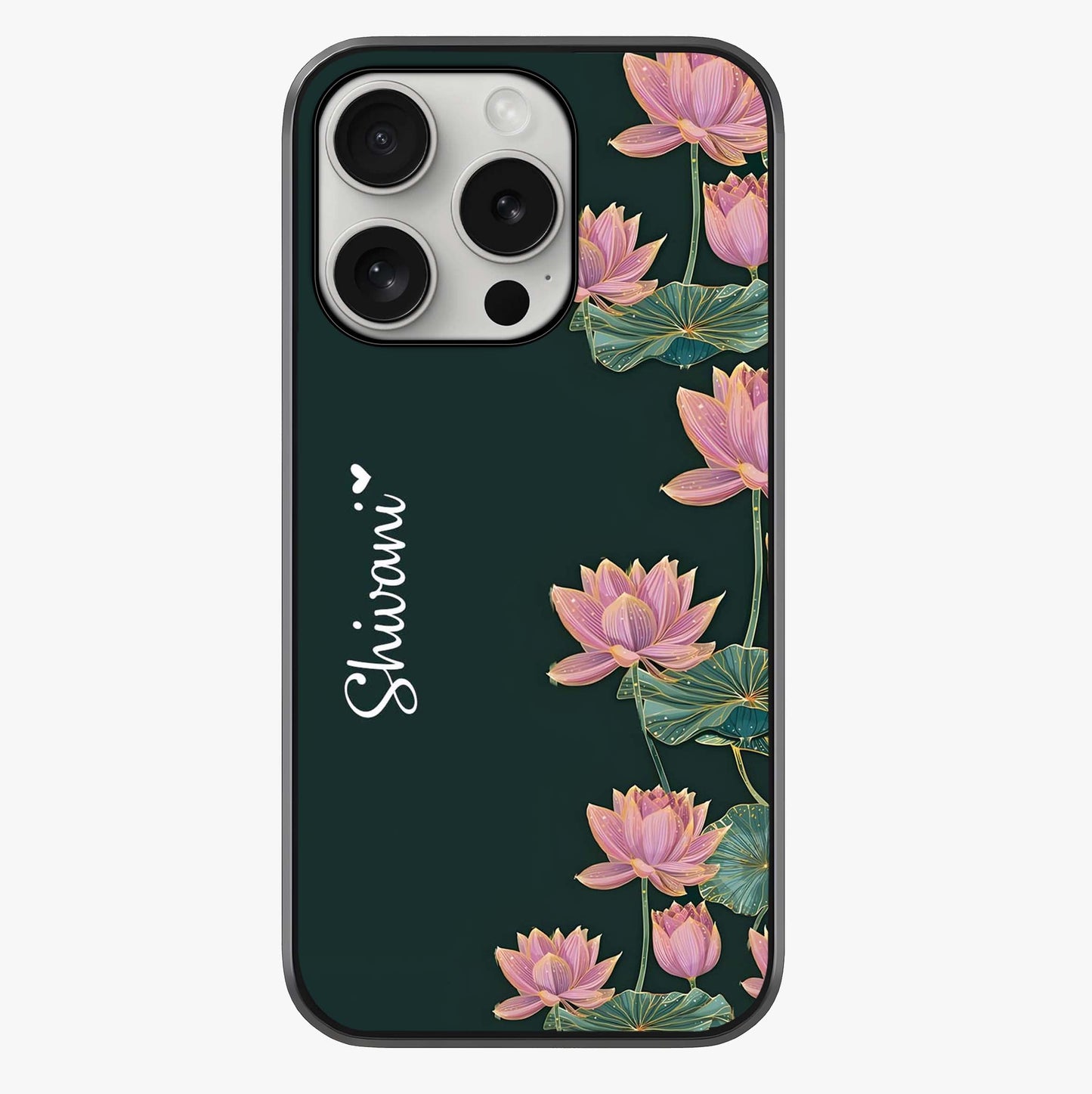 Lotus Bloom Serenity Custom Name Glass Case showing full back design in clean flat view with glossy glass finish.