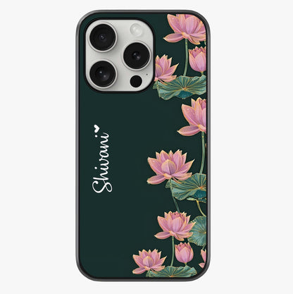 Lotus Bloom Serenity Custom Name Glass Case showing full back design in clean flat view with glossy glass finish.
