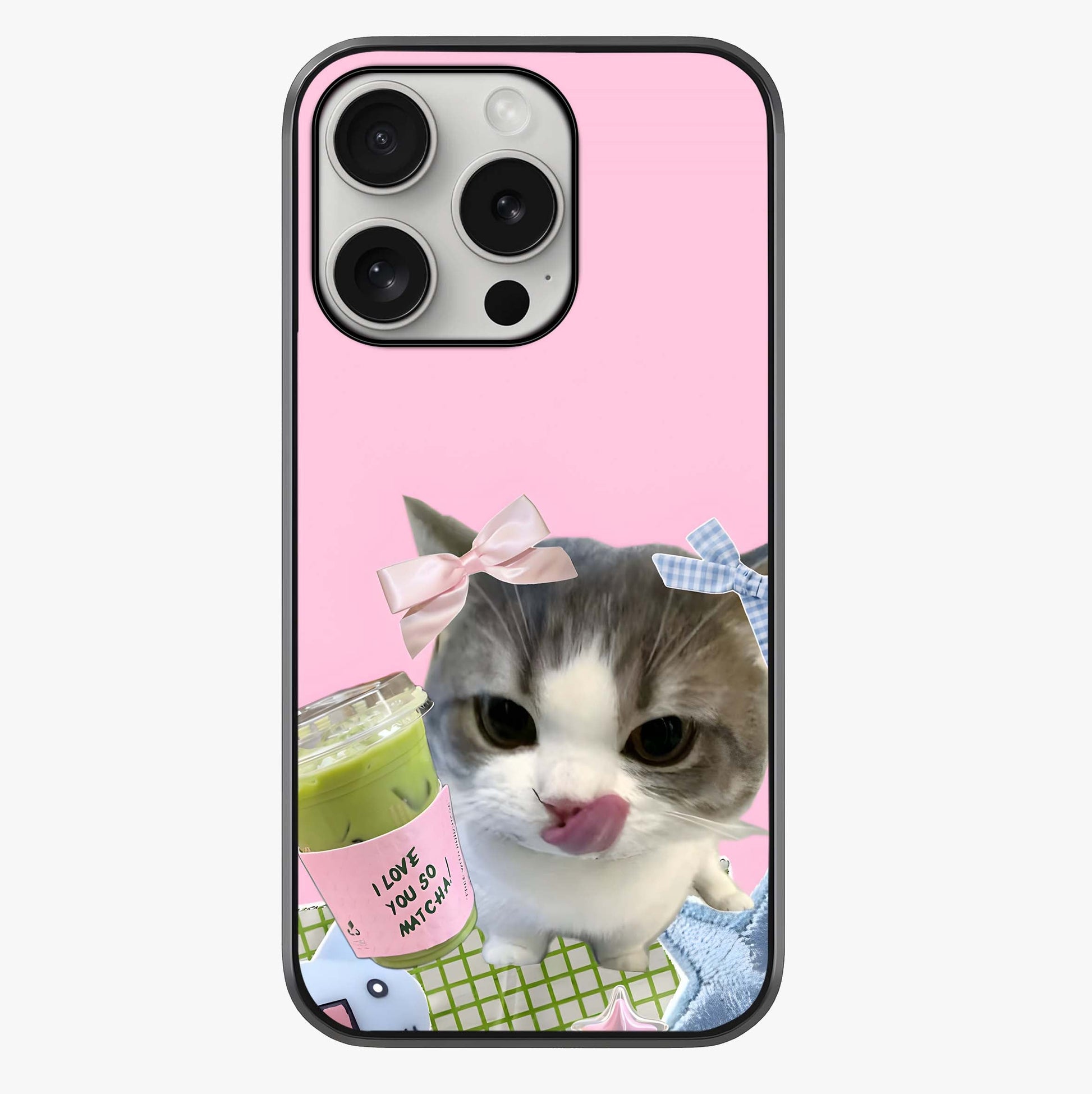 Love Matcha Cat Glass Case showing full back design in clean flat view with glossy glass finish.