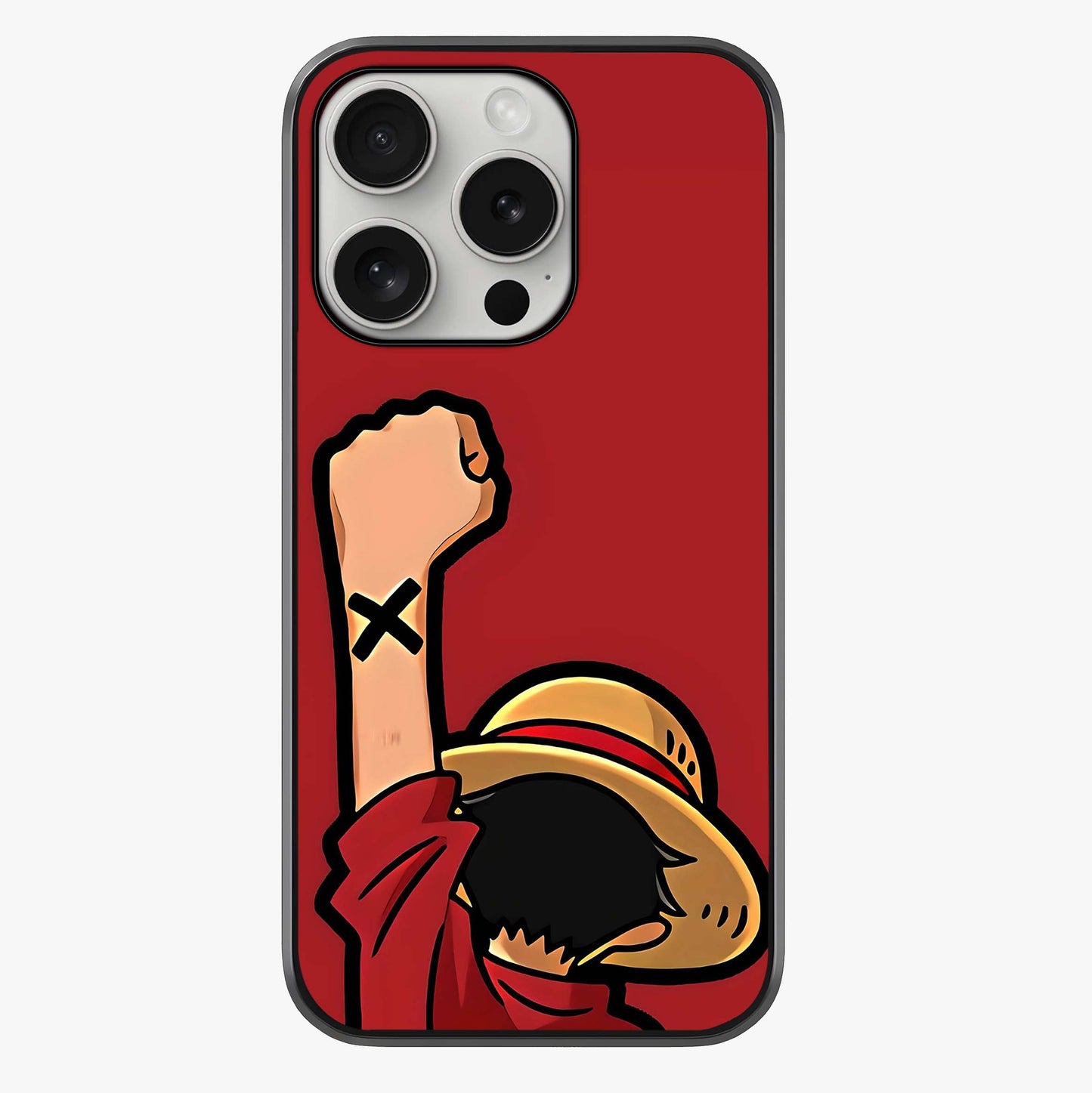 Luffy X Spirit Glass Case showing full back design in clean flat view with glossy glass finish.