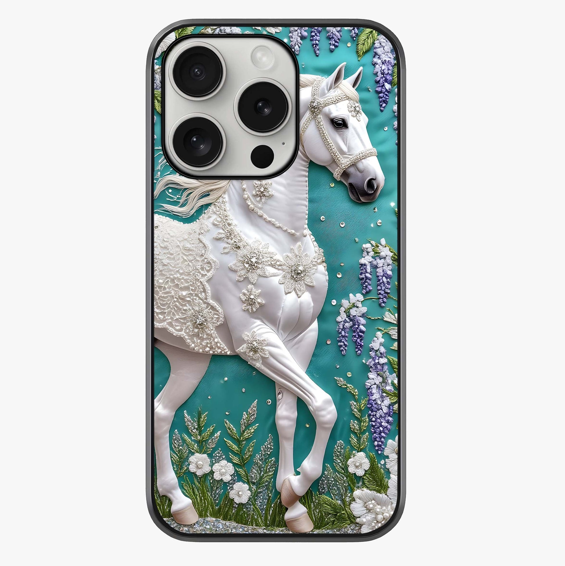 Majestic Floral Stallion Glass Case showing full back design in clean flat view with glossy glass finish.