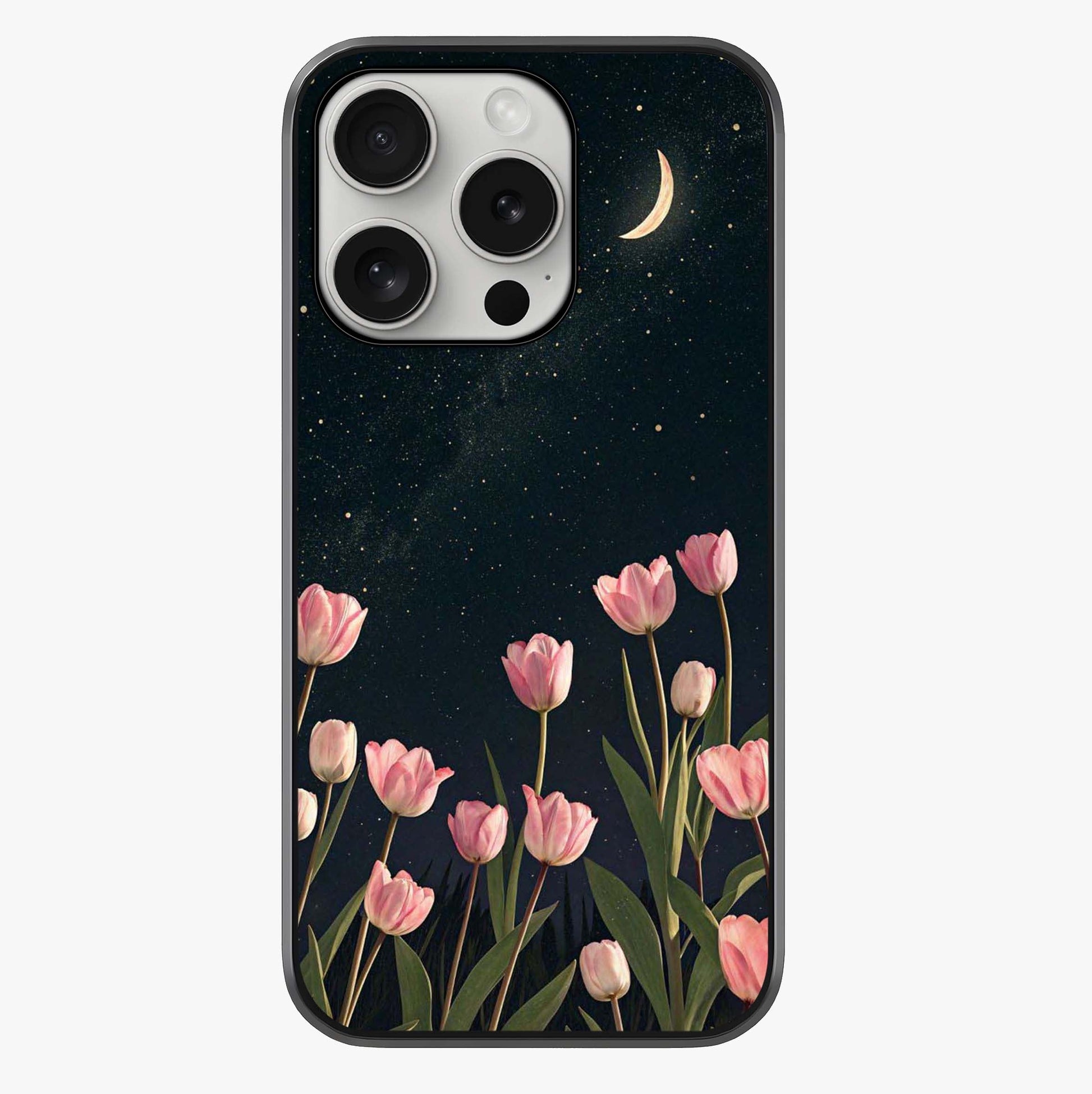 Midnight Tulip Whispers Vibe Glass Case showing full back design in clean flat view with glossy glass finish.