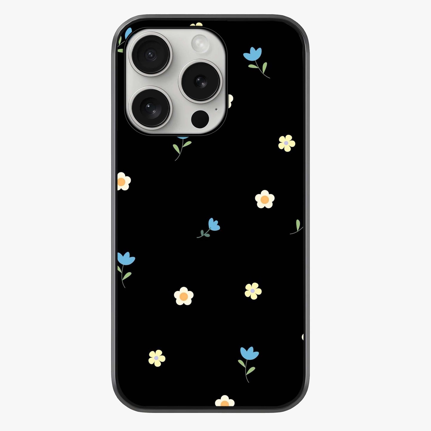 Minimalistic Blue With White Flower Pattern Glass Case showing full back design in clean flat view with glossy glass finish.