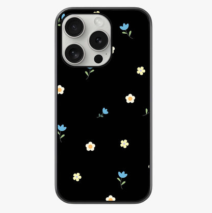 Minimalistic Blue With White Flower Pattern Glass Case showing full back design in clean flat view with glossy glass finish.