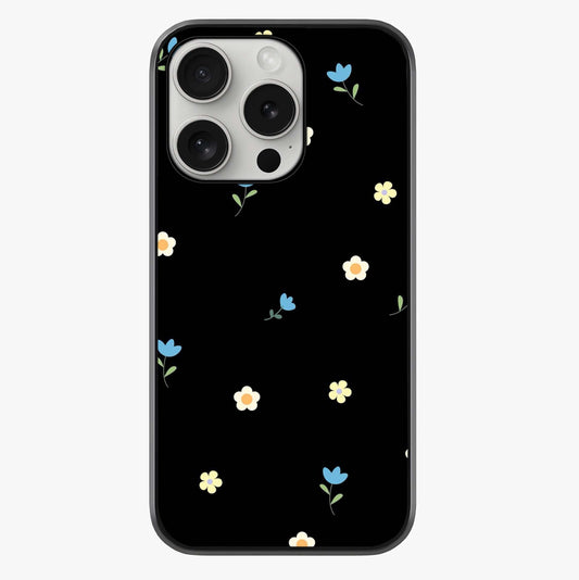 Minimalistic Blue With White Flower Pattern Glass Case showing full back design in clean flat view with glossy glass finish.