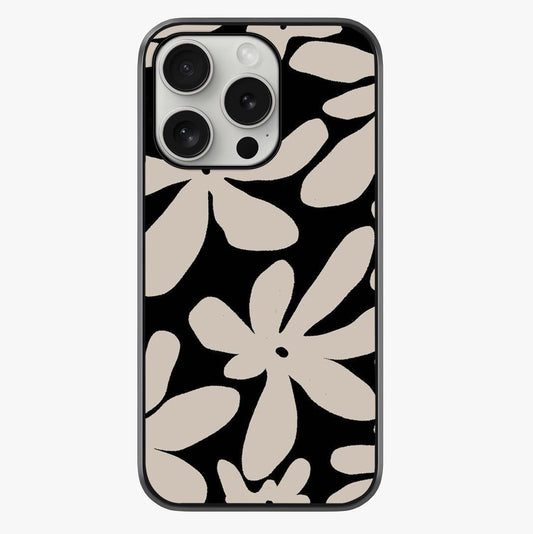 Monochrome Petal Dance Glass Case showing full back design in clean flat view with glossy glass finish.