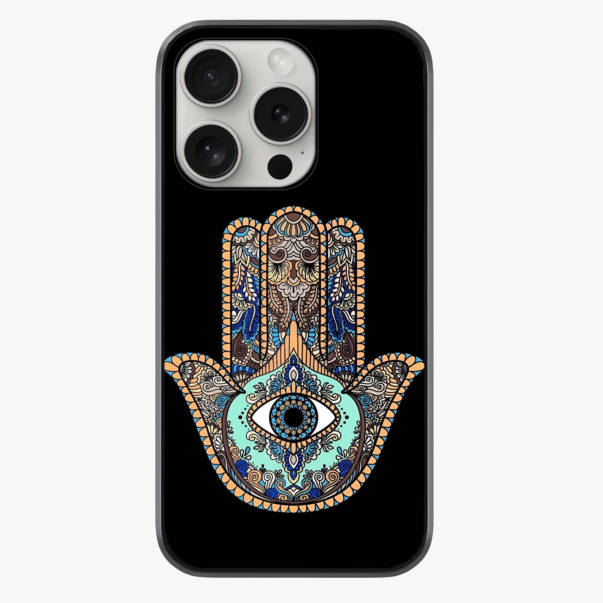 Mystic Hamsa Eye Glass Case showing full back design in clean flat view with glossy glass finish.