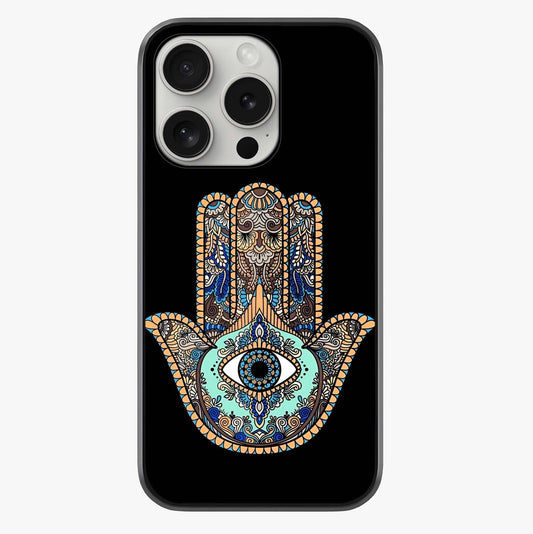 Mystic Hamsa Eye Glass Case showing full back design in clean flat view with glossy glass finish.