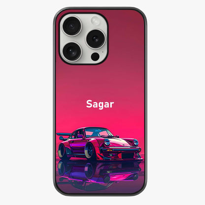Neon Pink Porsche Glass Case showing full back design in clean flat view with glossy glass finish.