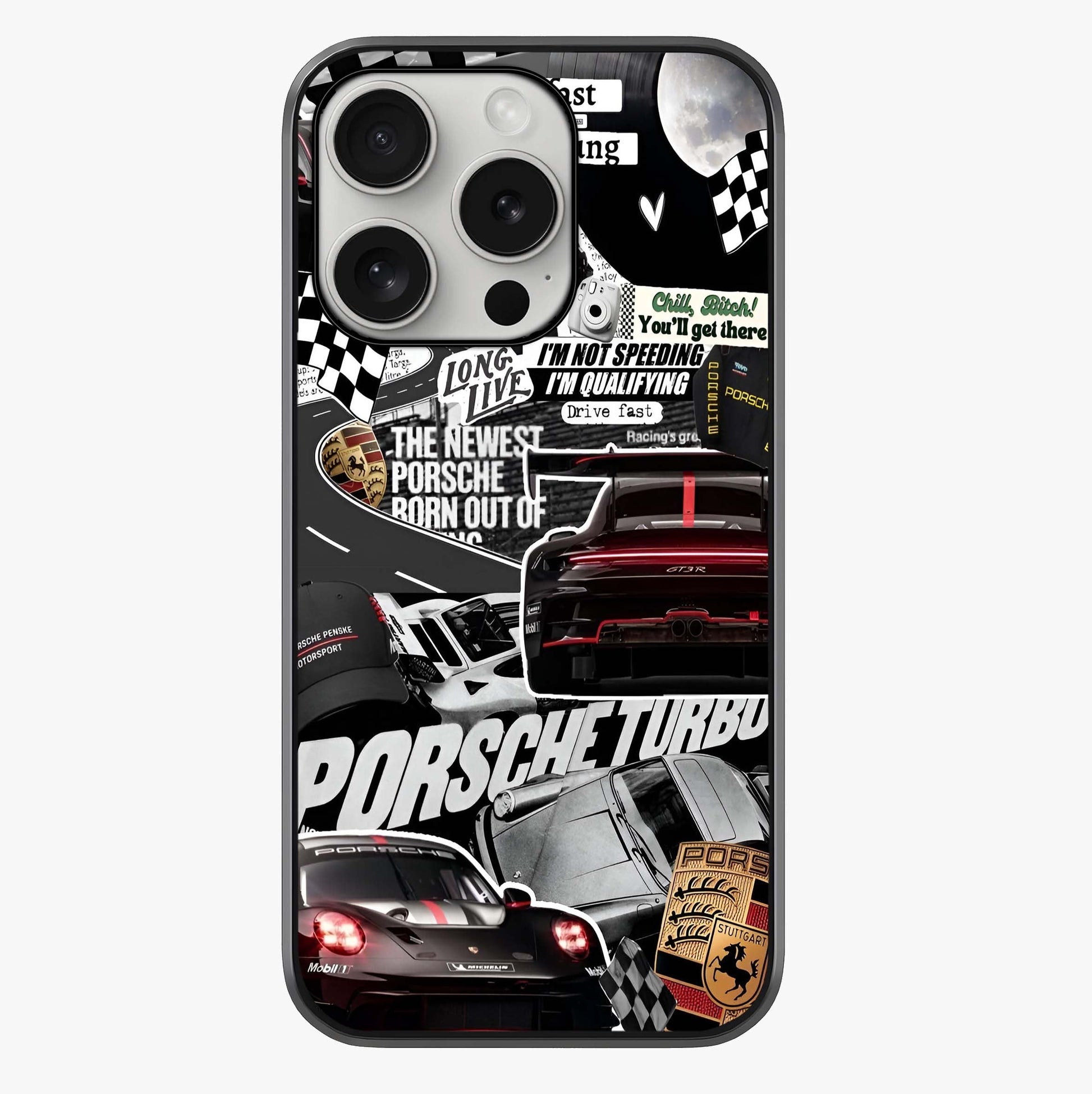Porsche Racing Collage Glass Case showing full back design in clean flat view with glossy glass finish.