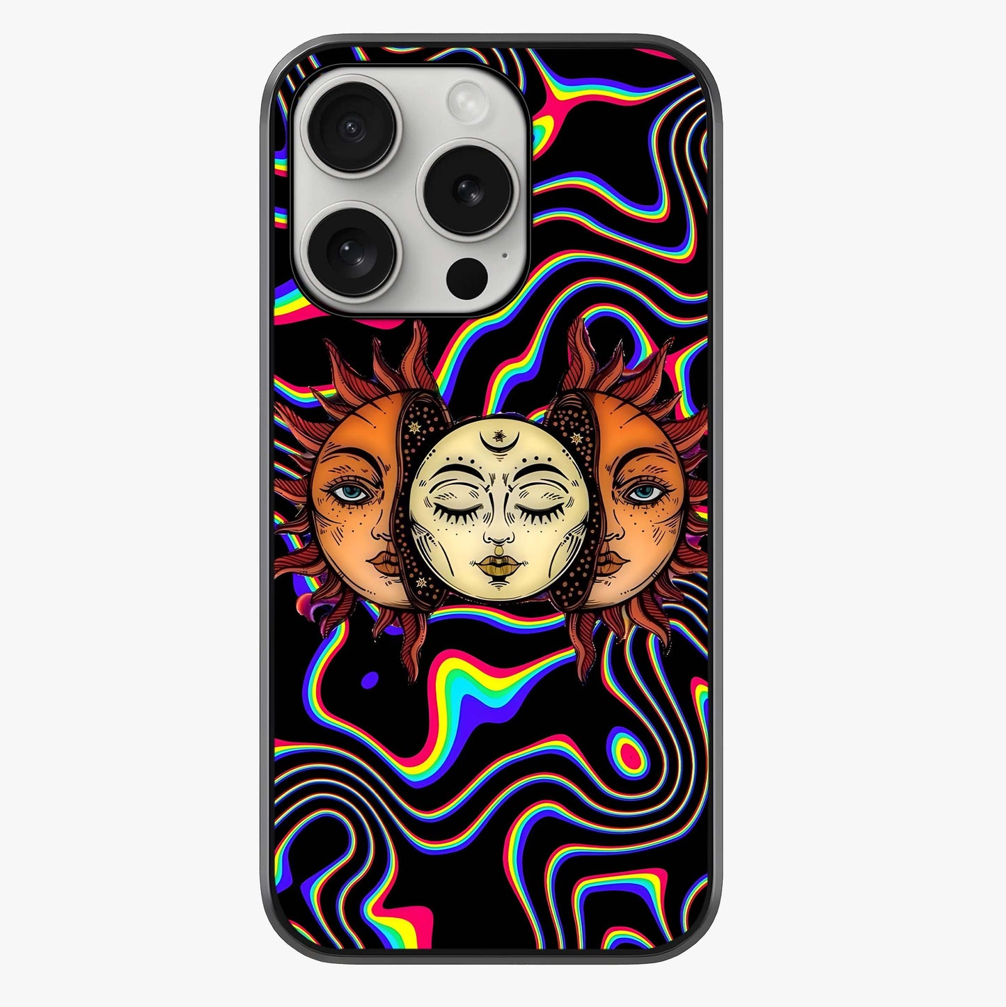 Psychedelic Sun Glass Case showing full back design in clean flat view with glossy glass finish.