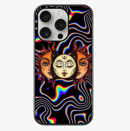 Psychedelic Sun Glass Case showing full back design in clean flat view with glossy glass finish.