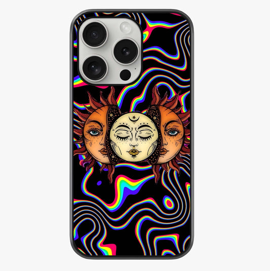 Psychedelic Sun Glass Case showing full back design in clean flat view with glossy glass finish.