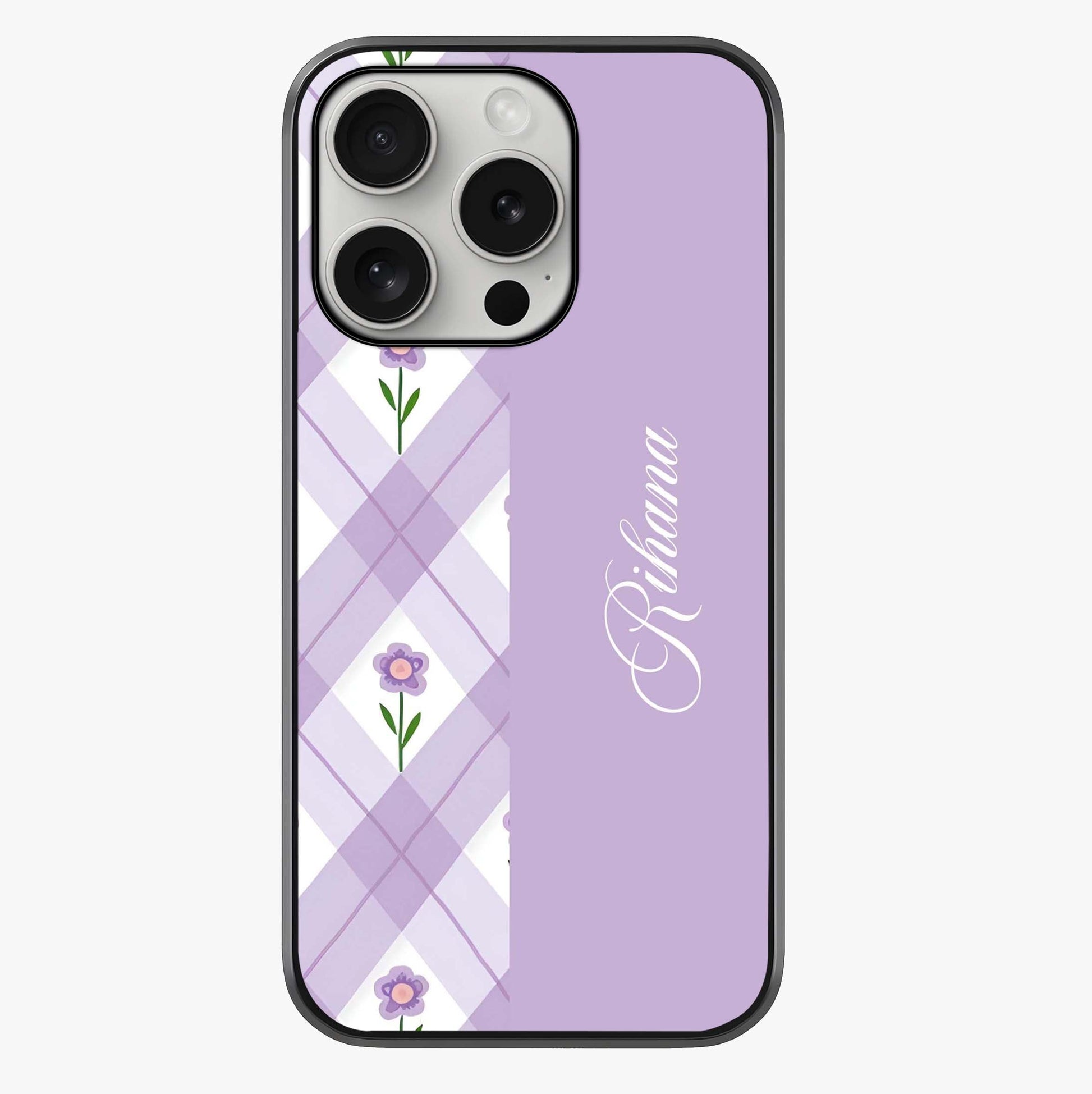 Purple Diamond Floral Glass Case showing full back design in clean flat view with glossy glass finish.
