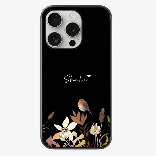 Quiet Garden Tune Custom Name Glass Case showing full back design in clean flat view with glossy glass finish.