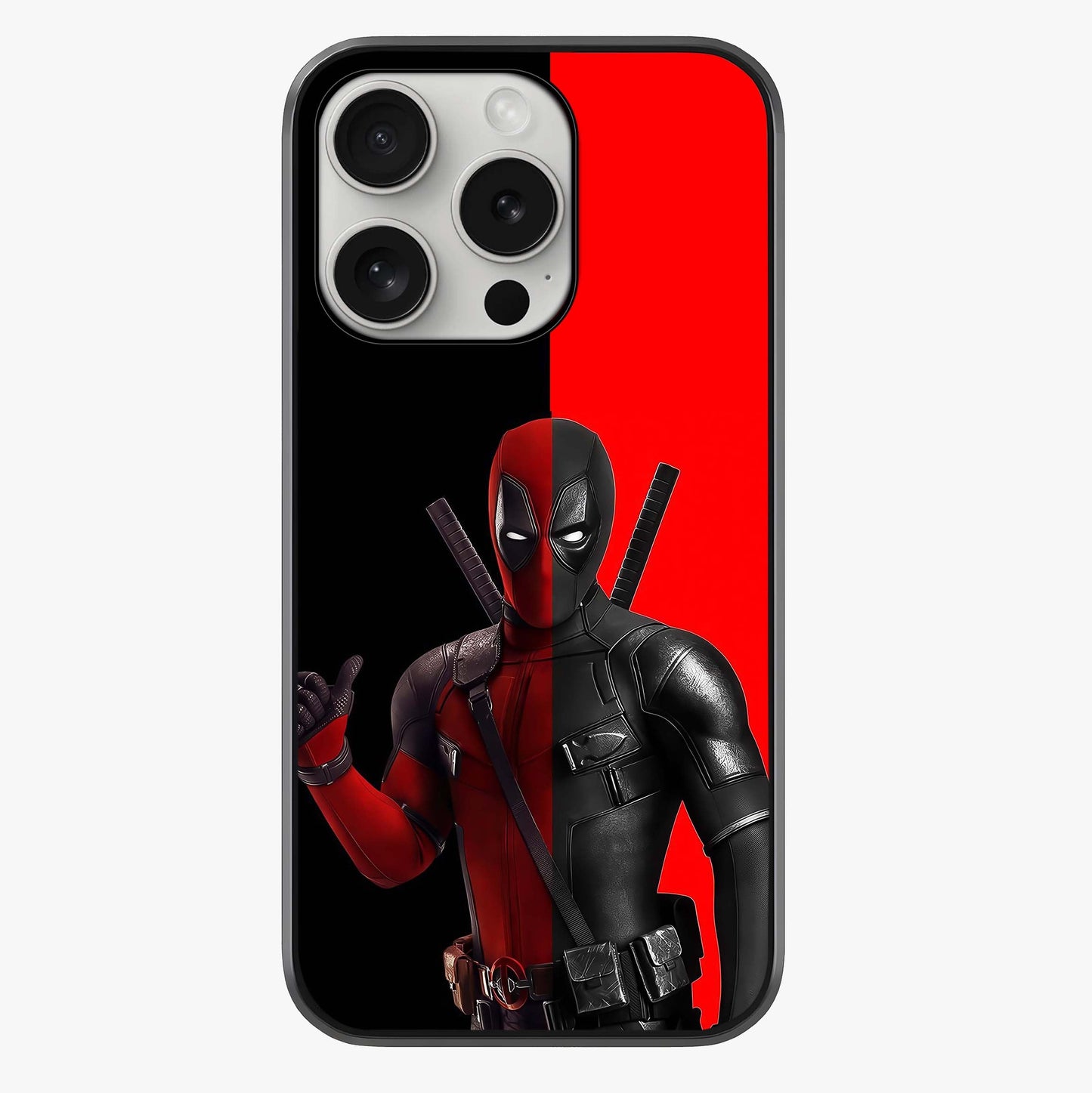 Red & Black Deadpool Theme Glass Case showing full back design in clean flat view with glossy glass finish.