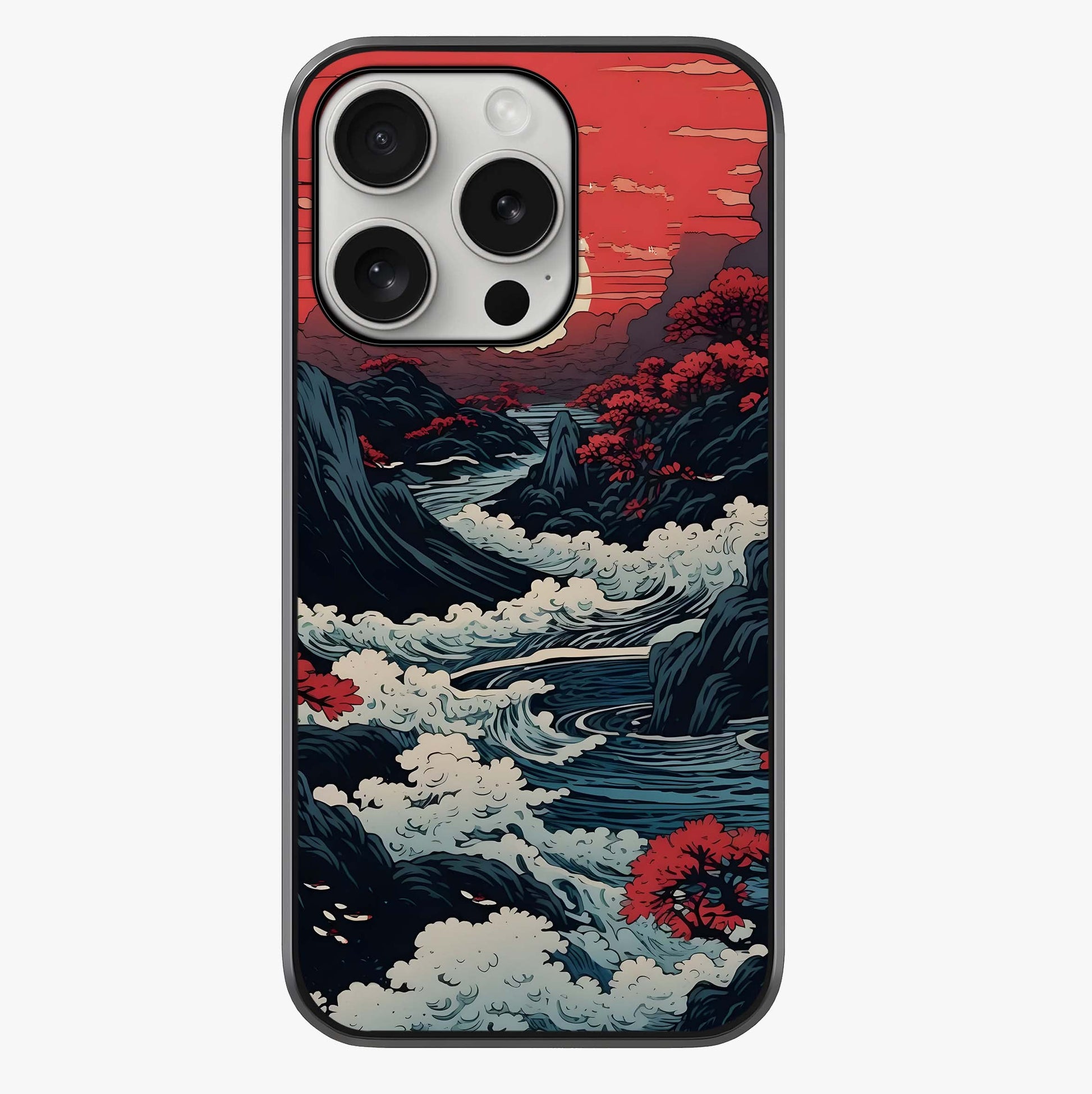 Red Sunset Scenery Glass Case showing full back design in clean flat view with glossy glass finish.