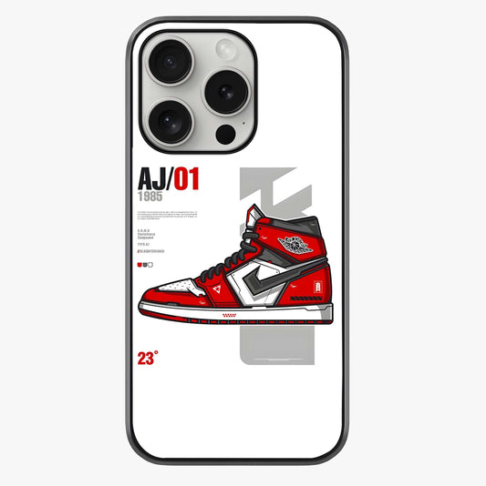 Retro Sneaker Blueprint Glass Case showing full back design in clean flat view with glossy glass finish.