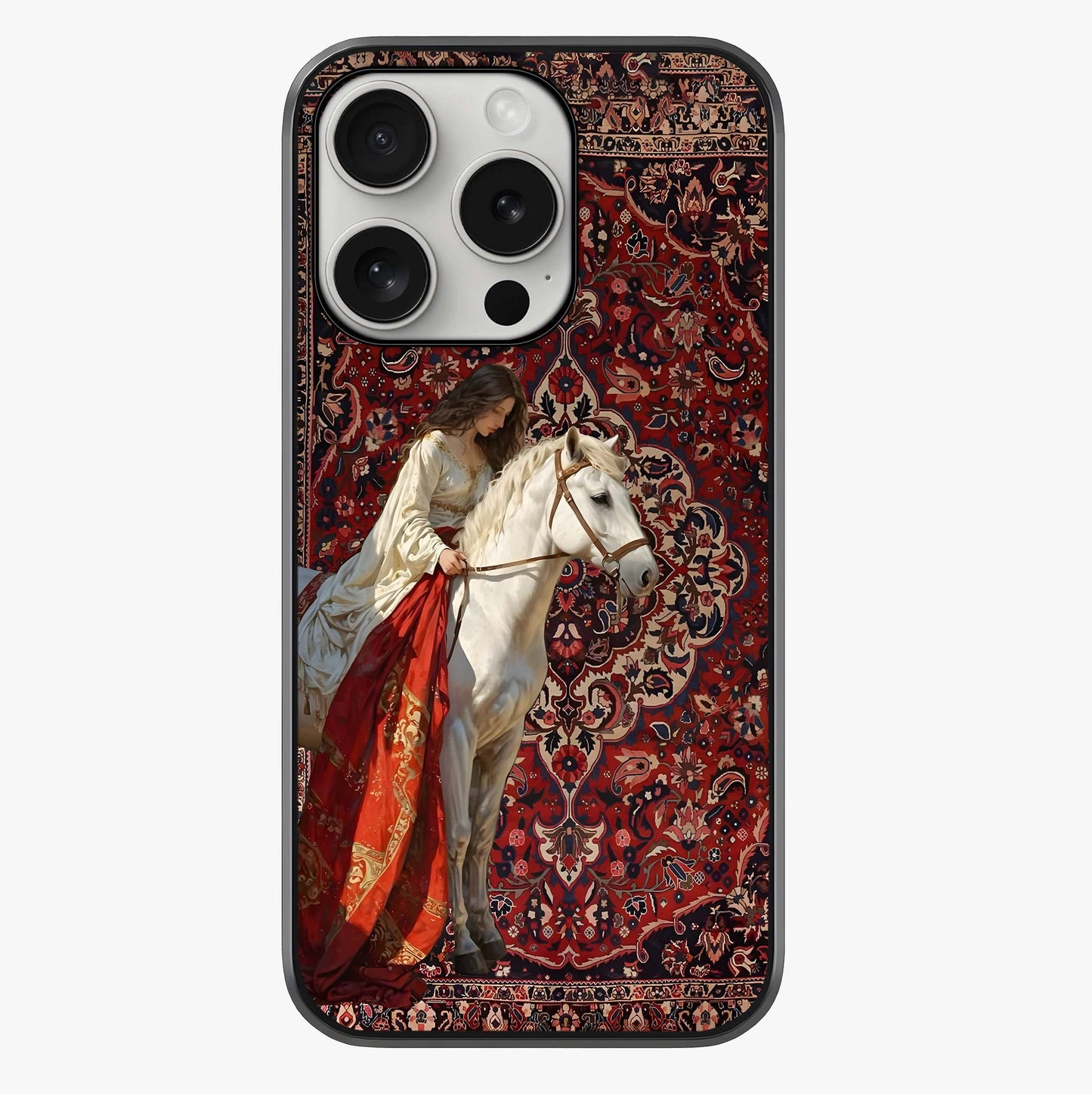 Royal Rider Tapestry Glass Case showing full back design in clean flat view with glossy glass finish.