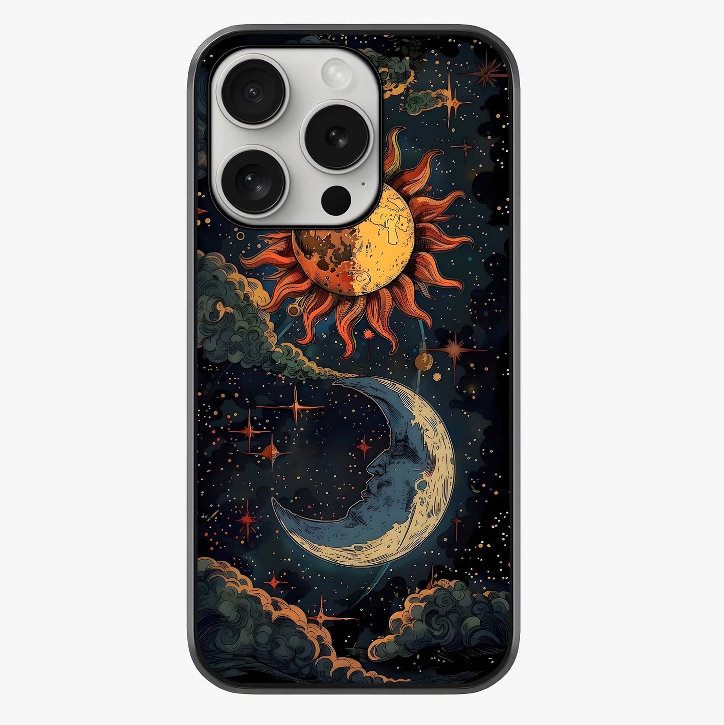 Sun And Moon Magic Design Glass Case showing full back design in clean flat view with glossy glass finish.