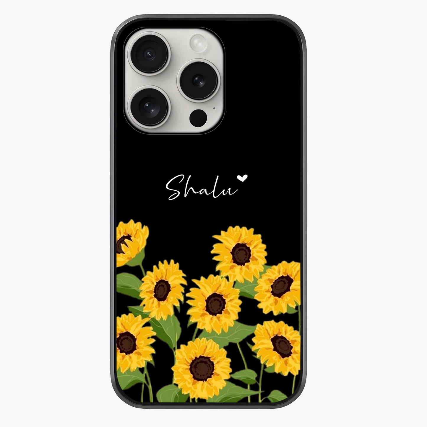 Sunflower Chic Mood Custom Name Glass Case showing full back design in clean flat view with glossy glass finish.