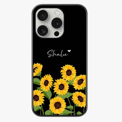 Sunflower Chic Mood Custom Name Glass Case showing full back design in clean flat view with glossy glass finish.