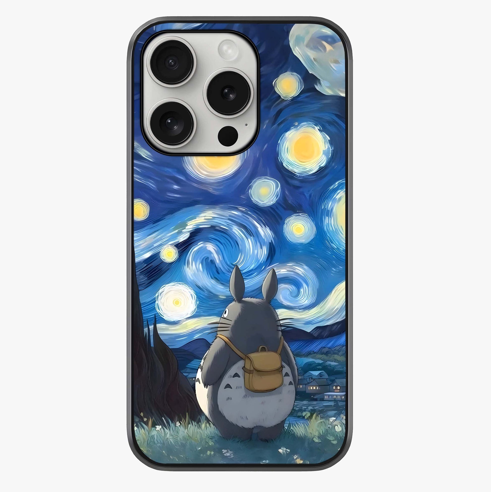 Totoro In Van Gogh Art Glass Case showing full back design in clean flat view with glossy glass finish.