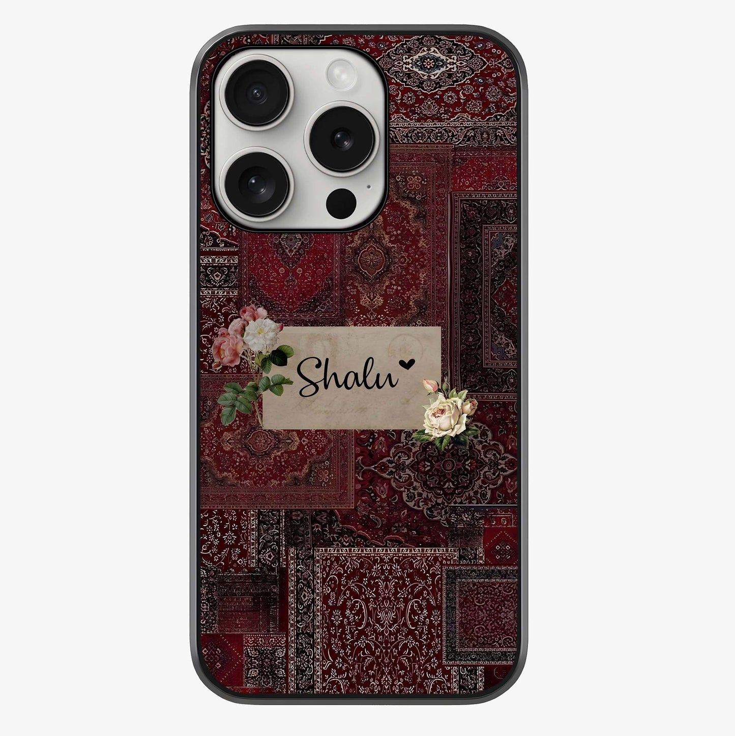 Velvet Wine Pattern Custom Name Glass Case showing full back design in clean flat view with glossy glass finish.