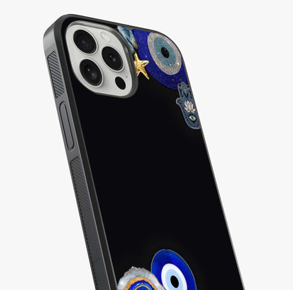Aesthetic Blue Evil Eye Glass Case captured at a warm angle highlighting gloss, texture and premium glass finish.