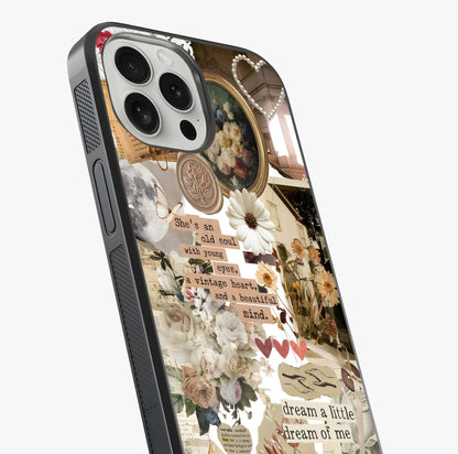 Aesthetic Brown Vintage Collage Glass Case captured at a warm angle highlighting gloss, texture and premium glass finish.