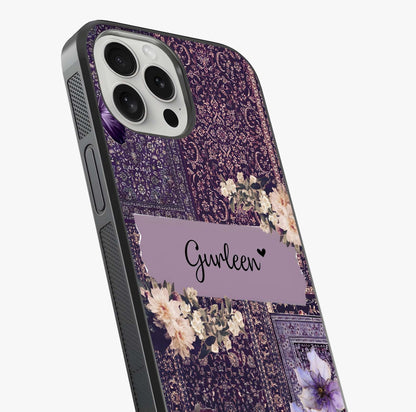 Antique Floral Whisper Custom Name Glass Case captured at a warm angle highlighting gloss, texture and premium glass finish.