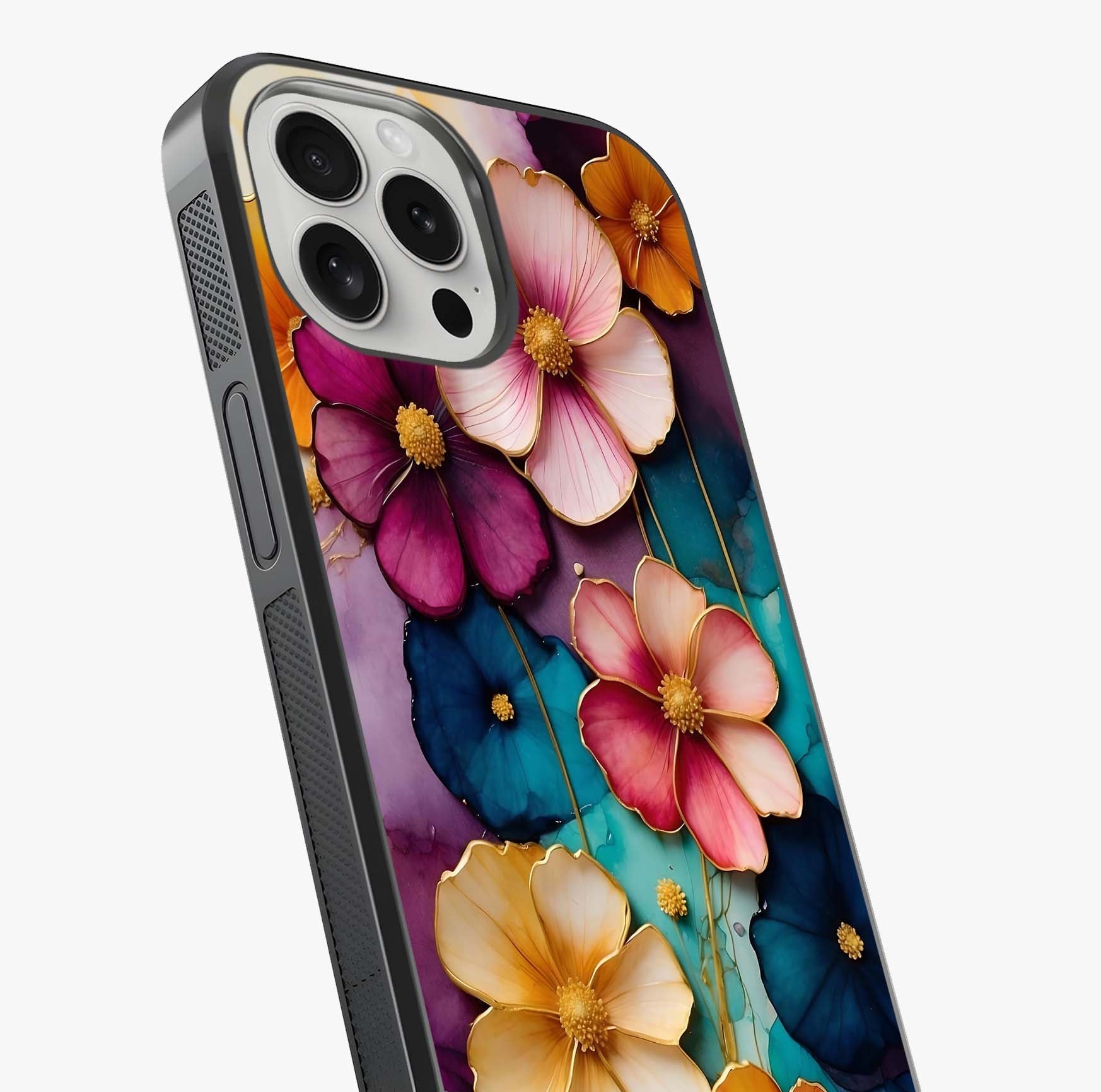 Artlyn Grace Flower Pattern Glass Case captured at a warm angle highlighting gloss, texture and premium glass finish.