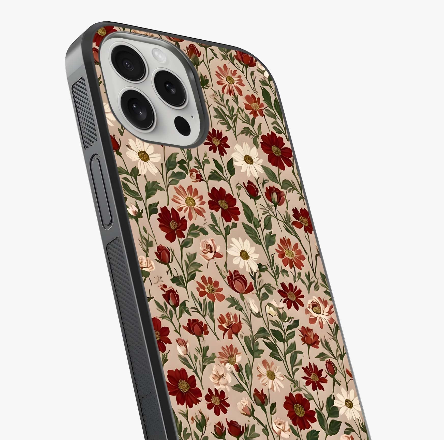 Biege Flower With Leaf Glass Case captured at a warm angle highlighting gloss, texture and premium glass finish.