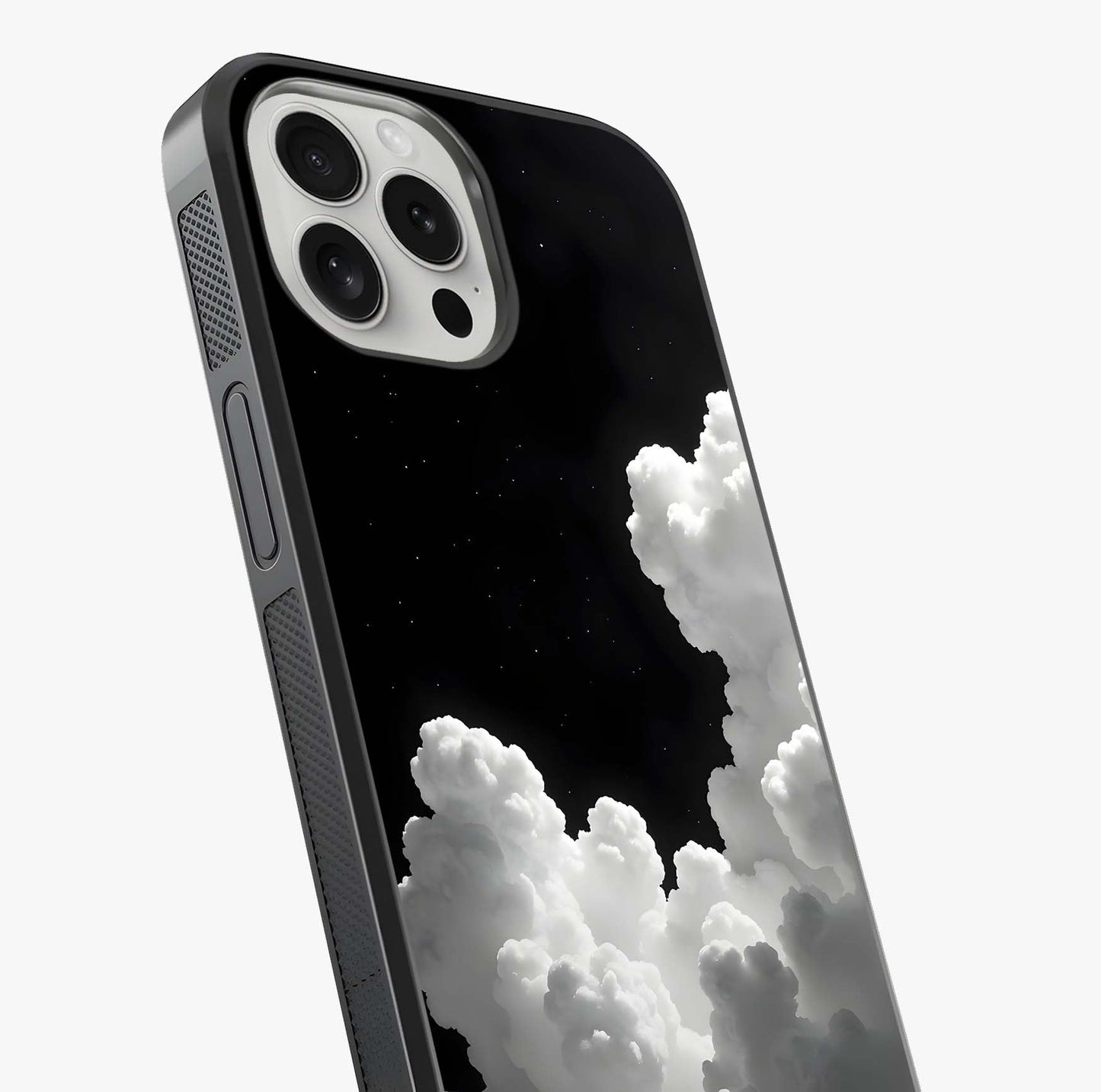 Black Background With White Cloud Glass Case captured at a warm angle highlighting gloss, texture and premium glass finish.