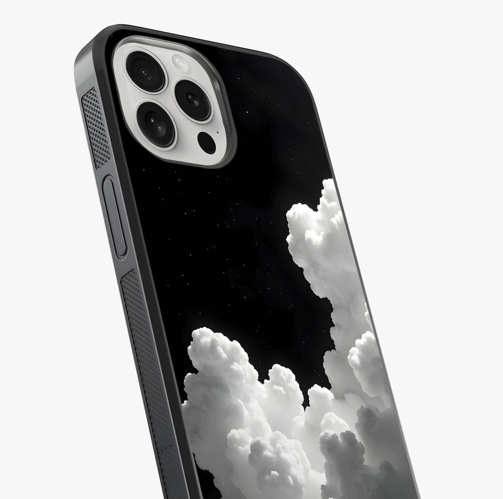 Black Background With White Cloud Glass Case captured at a warm angle highlighting gloss, texture and premium glass finish.