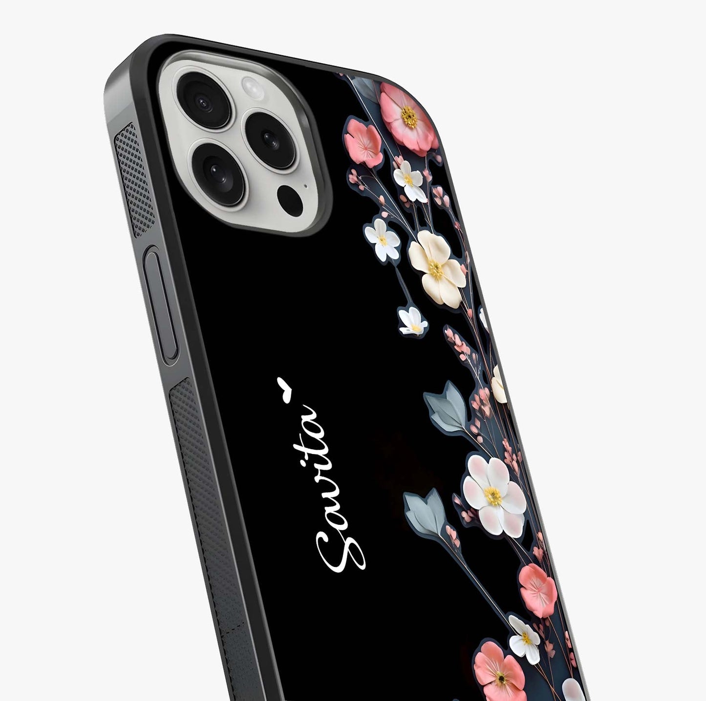 Black Elegance Floral Custom Name Glass Case captured at a warm angle highlighting gloss, texture and premium glass finish.