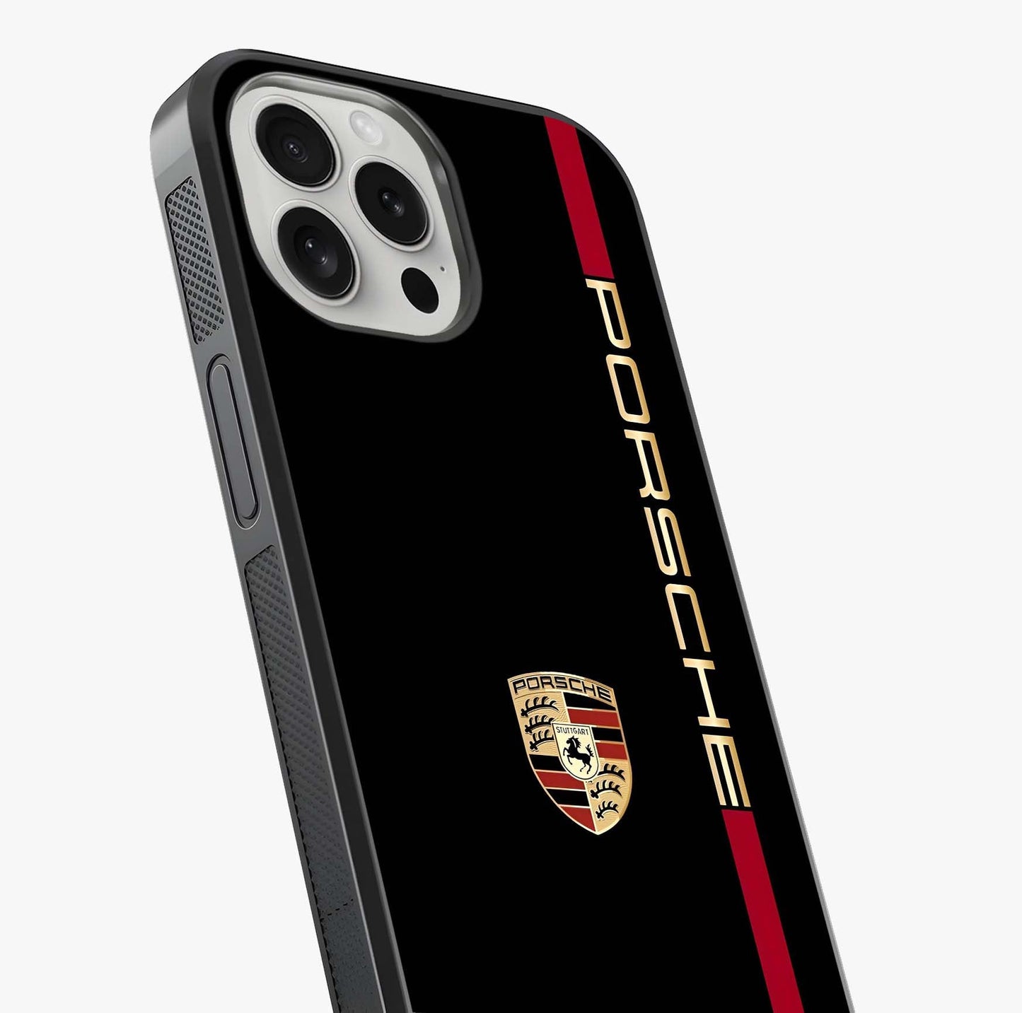 Black Minimal Porsche Glass Case captured at a warm angle highlighting gloss, texture and premium glass finish.