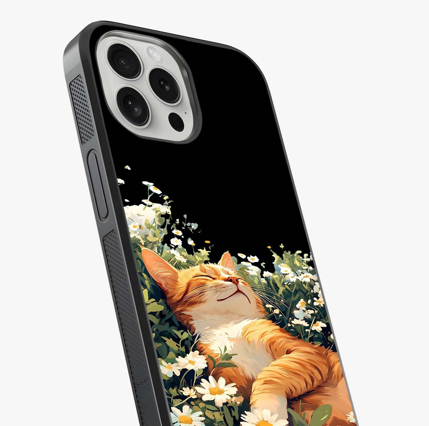 Blissful Bloom Cat Glass Case captured at a warm angle highlighting gloss, texture and premium glass finish.