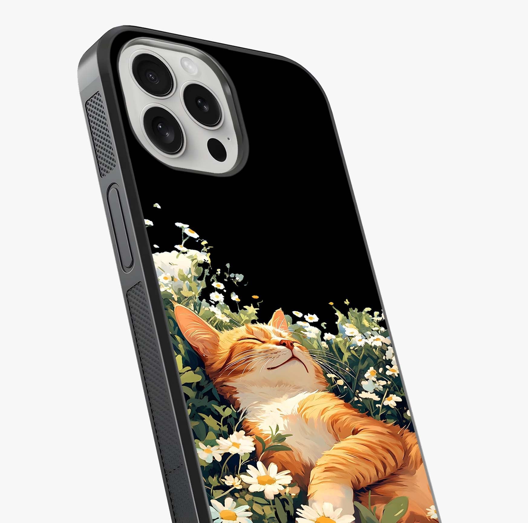 Blissful Bloom Cat Glass Case captured at a warm angle highlighting gloss, texture and premium glass finish.