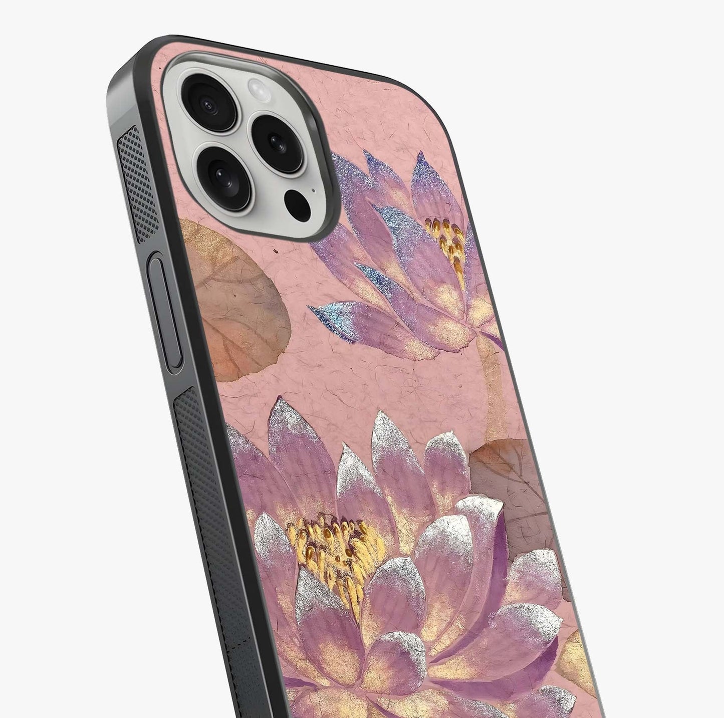 Blossom Mist Lotus Glass Case captured at a warm angle highlighting gloss, texture and premium glass finish.